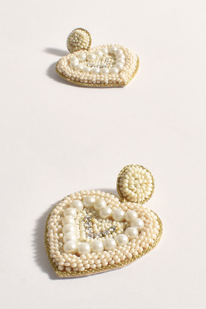 Beaded Heart Pearl Detail Earrings - Cream