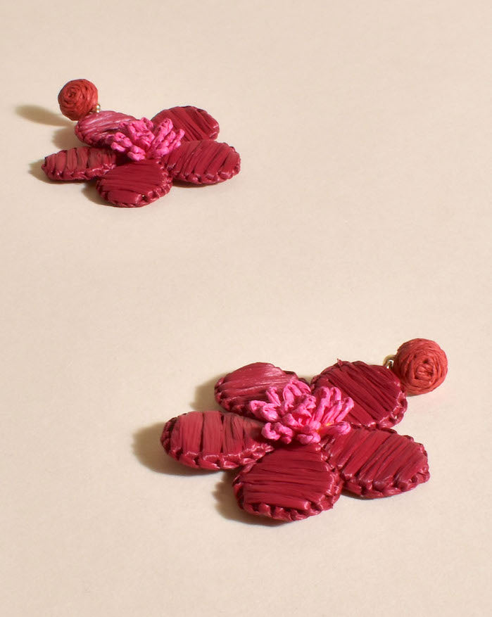 Oversized Woven Flower Earrings - Red