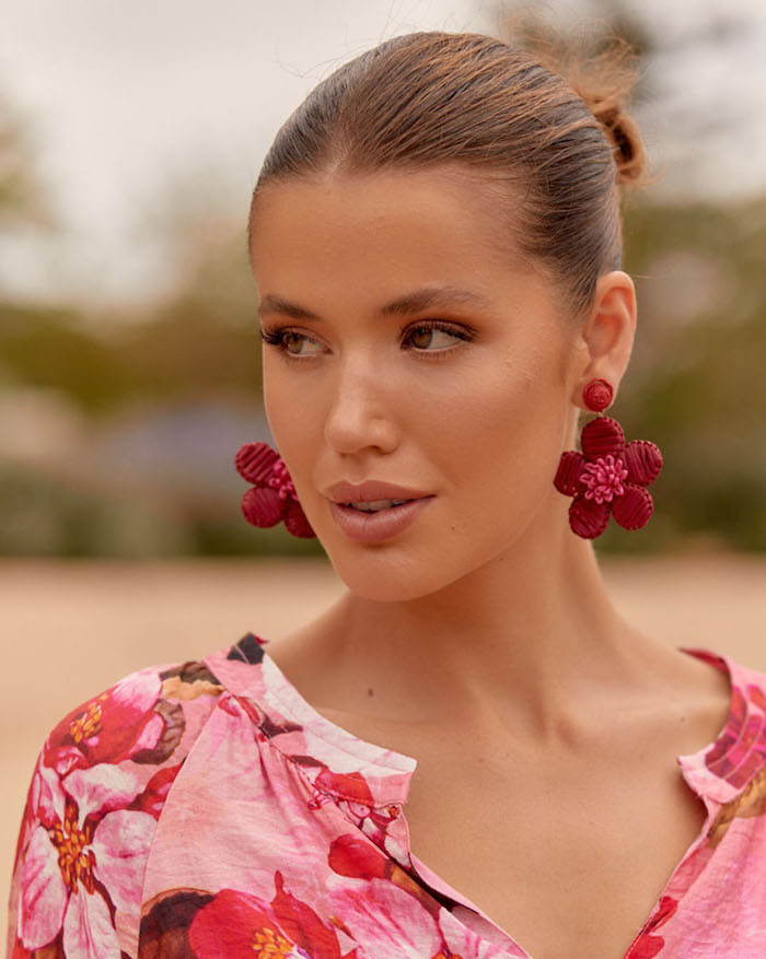 Oversized Woven Flower Earrings - Red