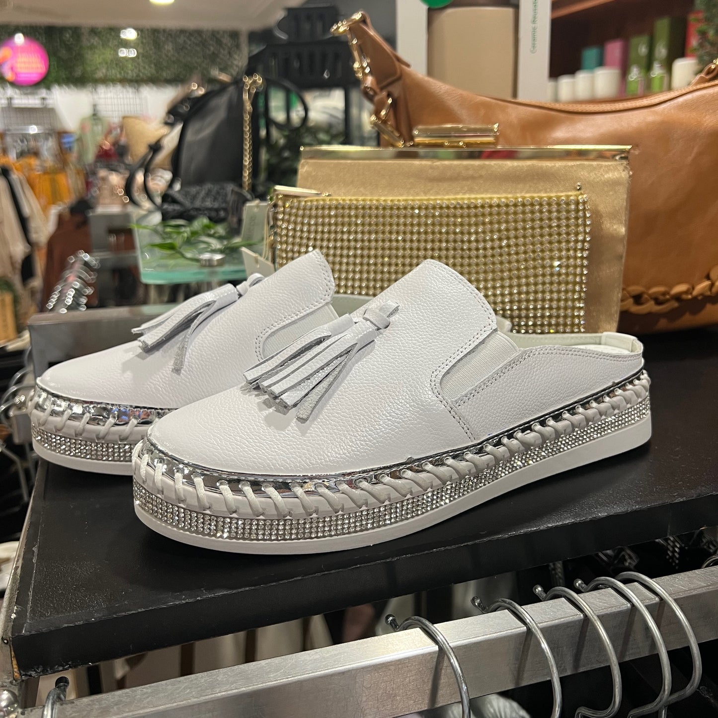 White Leather Tassel Slides