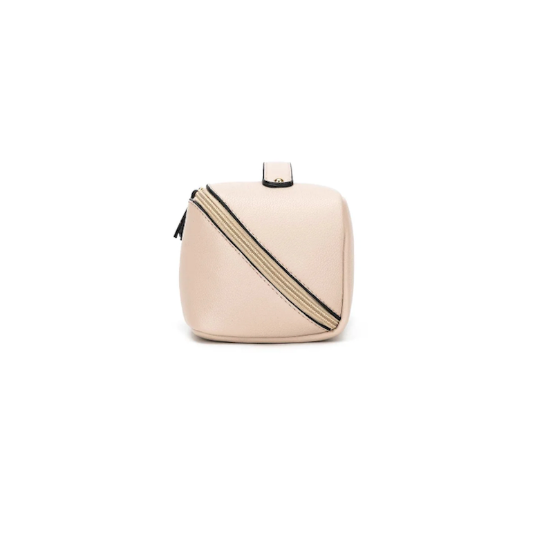 A oatmeal-colored makeup bag with a two-way zip closure, featuring a flat handle and gold hardware.