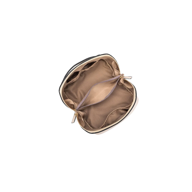 A oatmeal-colored makeup bag with a two-way zip closure, featuring a flat handle and gold hardware.