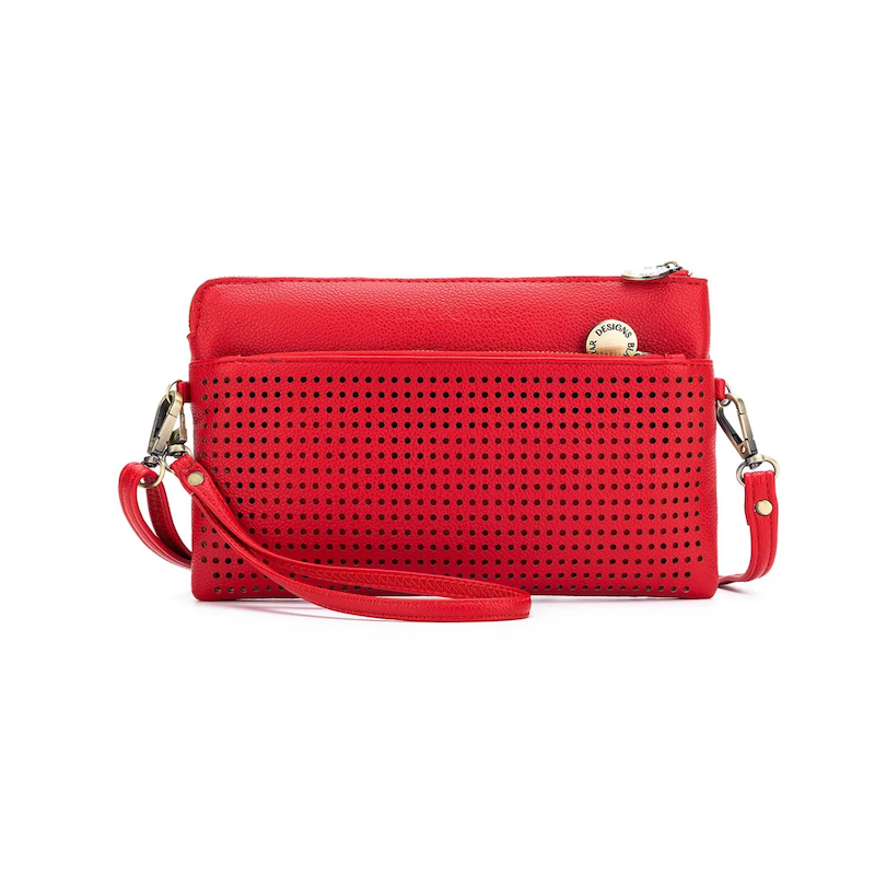 A red Nina crossbody clutch with a perforated front and a solid red back, displayed on a white background.