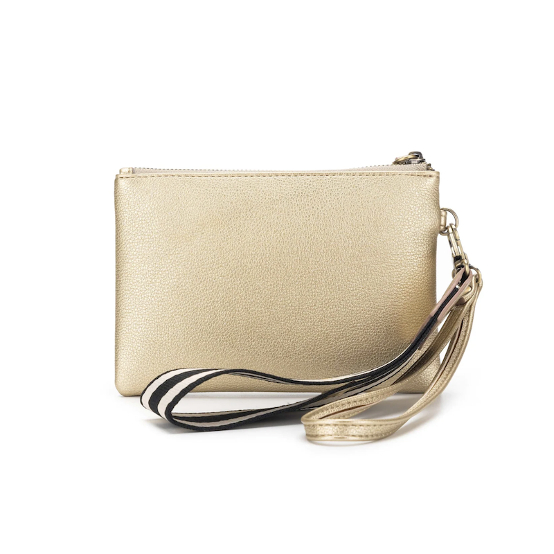 A gold-colored Stellina pouch with a metallic star detail on the front, gold hardware, and a black and white cotton wristlet strap.