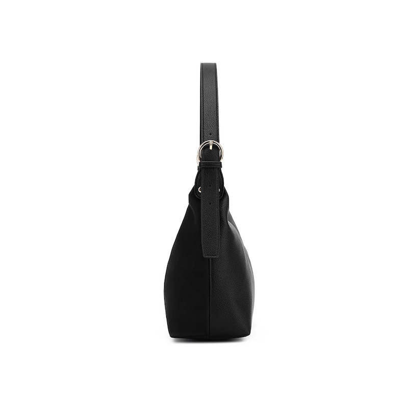 Black handbag with a strap on a white background