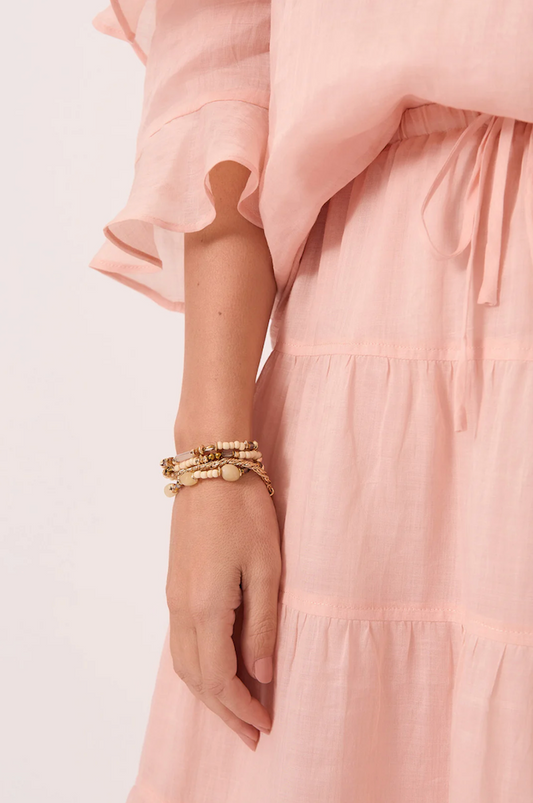 Close-up of a person wearing a pink dress with ruffled sleeves and a bracelet on a light pink background.