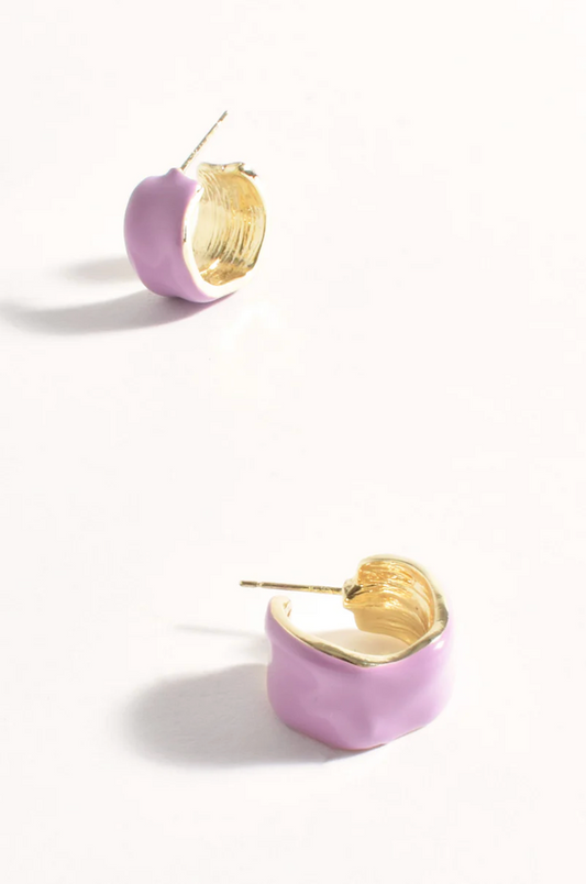 Pair of purple and gold earrings on a white background