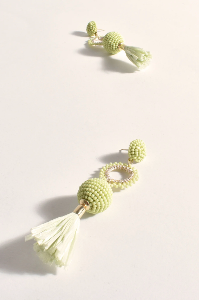 Pair of light green beaded earrings with tassels on a white background