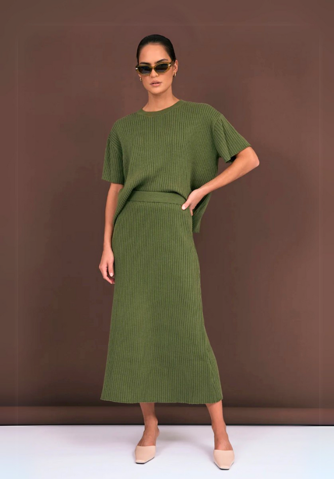 Taylor Rib Knit Midi Skirt Khaki