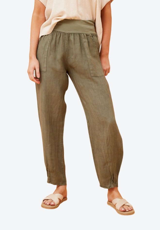 Person wearing olive green pants on a white background