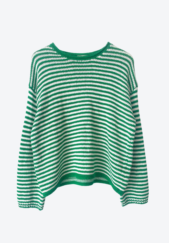 Green and white striped sweater on a white background