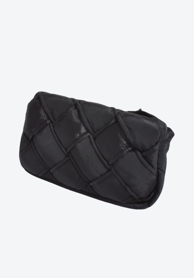 Black woven clutch bag on a white background