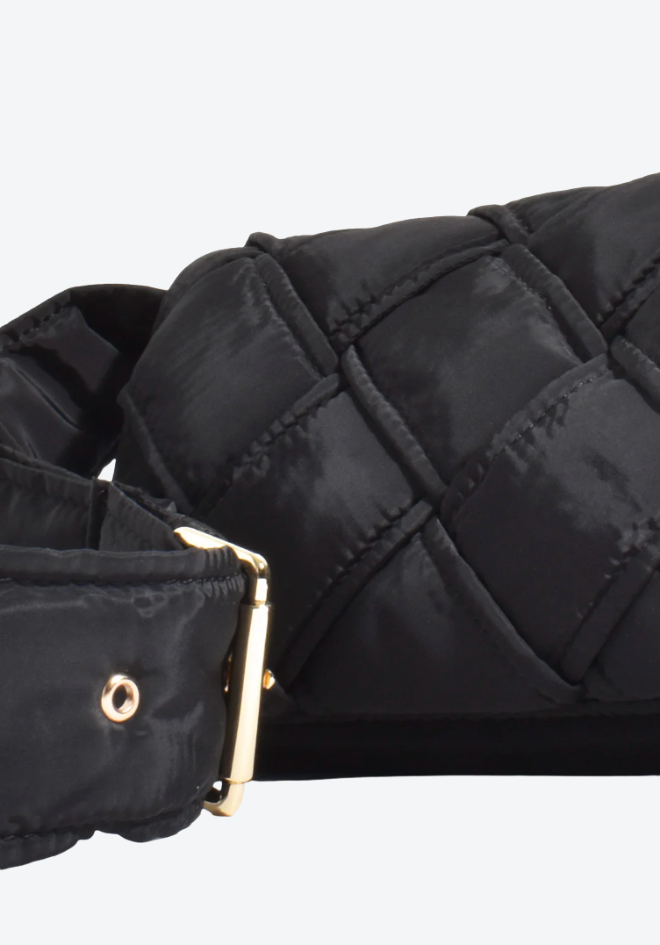 Black quilted handbag with a gold buckle on a white background