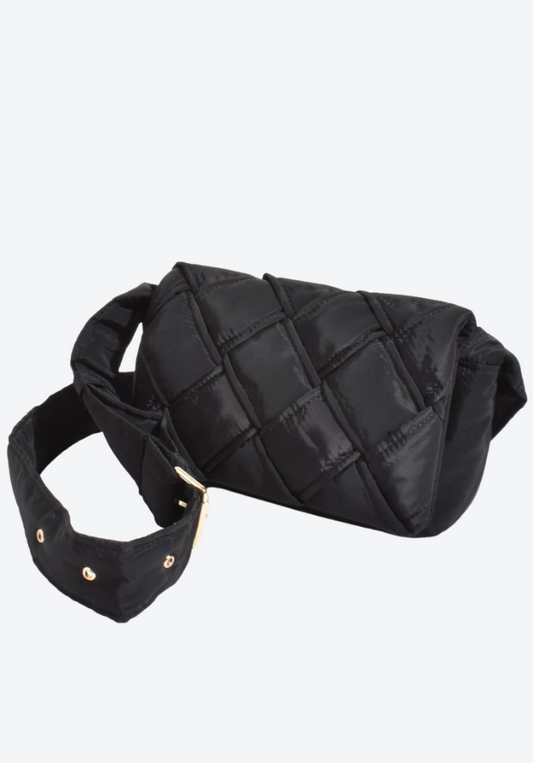 Black quilted waist bag on a white background
