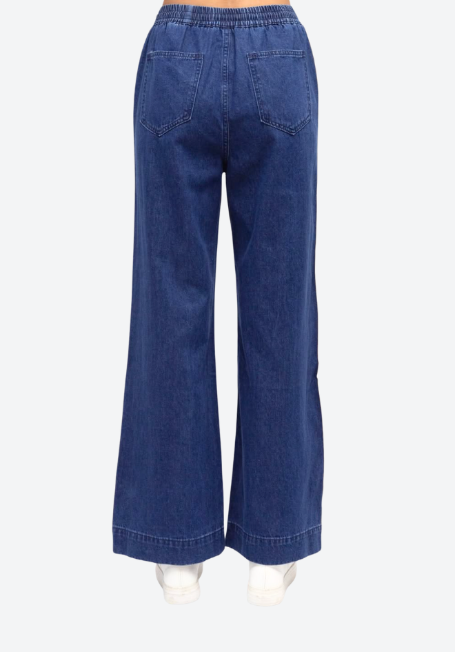 Blue denim wide-leg pants on a white background