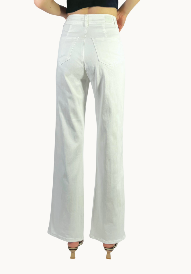 White wide-leg pants worn by a person on a white background