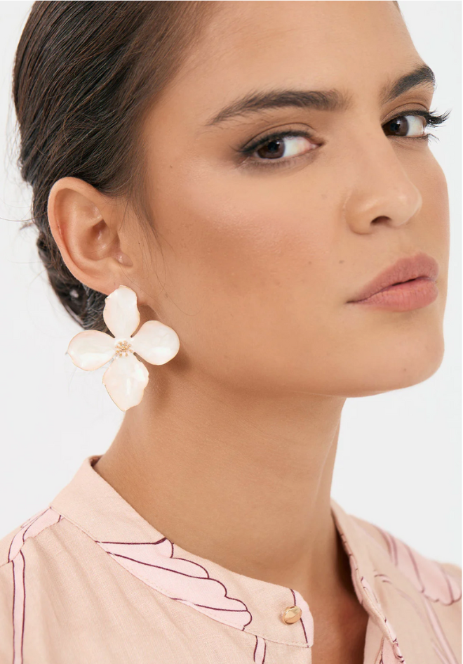 Enamel Painted Floral Earrings - Cream