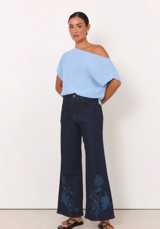 Terrie Angled Neckline Cotton Knit Top - Blue