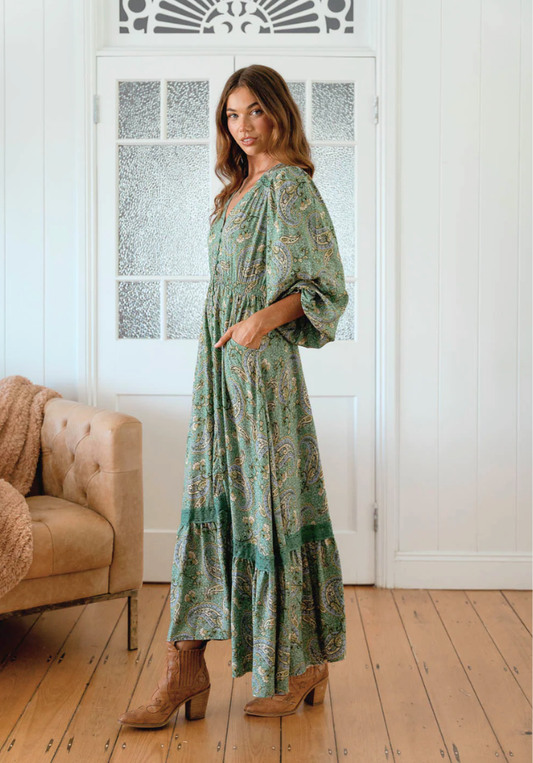 Sagewood Print L/S Carmen Maxi Dress