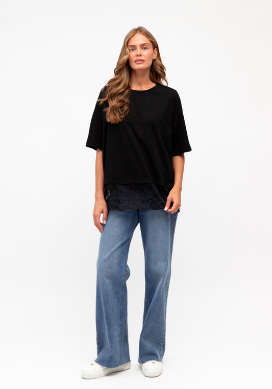 Lace Trim T-Shirt - Black