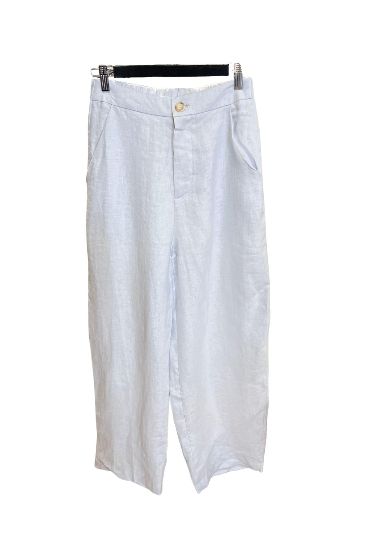 Kat and Ko Clothing Barrel Leg Linen Pants in chambray blue, front view showing the high waistband, button closure and side pockets.