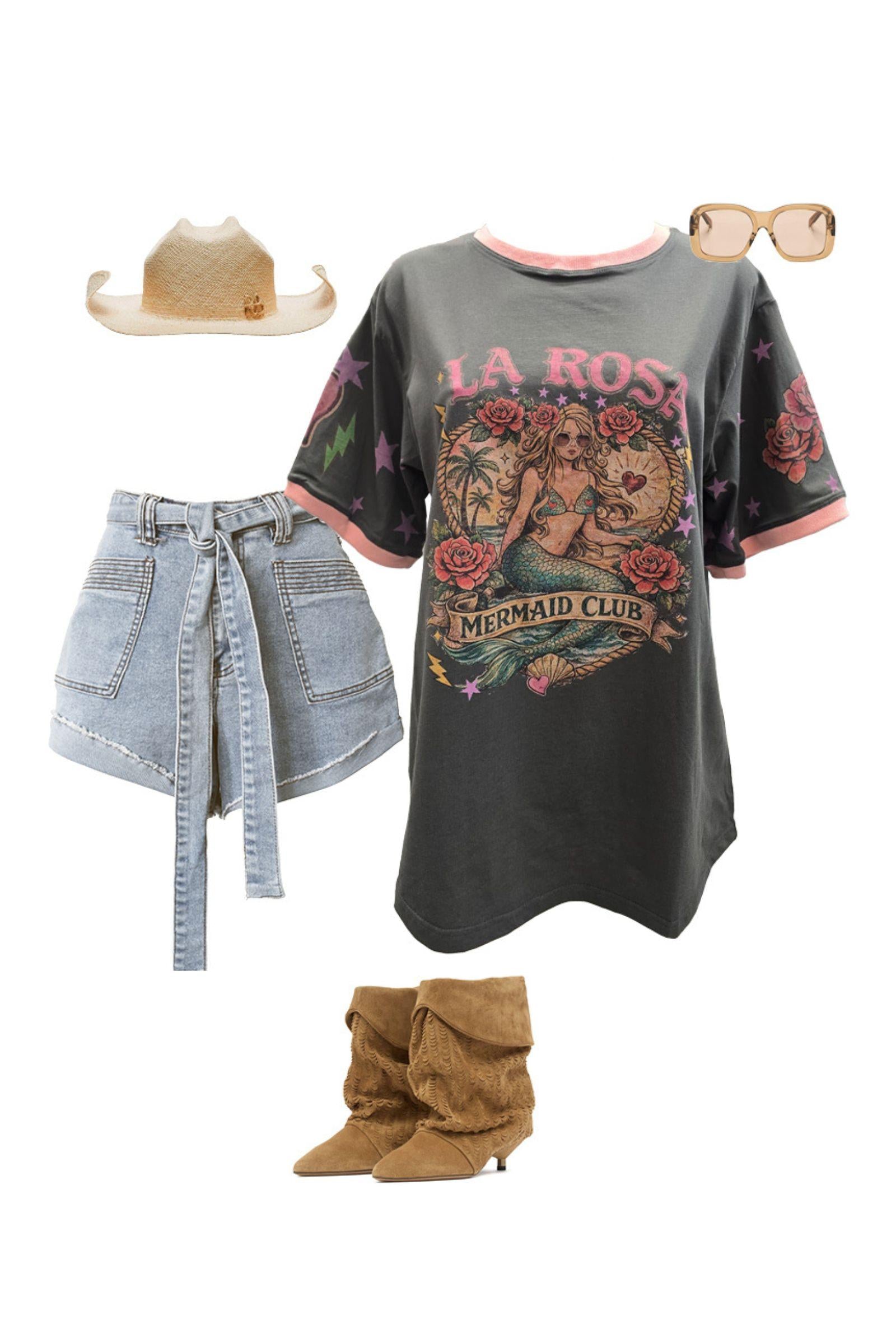 La Rosa Tee Pink Coco Cartel — outfit flat lay styling the charcoal pink-trim Mermaid Club graphic tee with denim tie-waist shorts, tan cowboy hat, suede ankle boots and sunglasses, shop in Australia at Kat and Ko Clothing