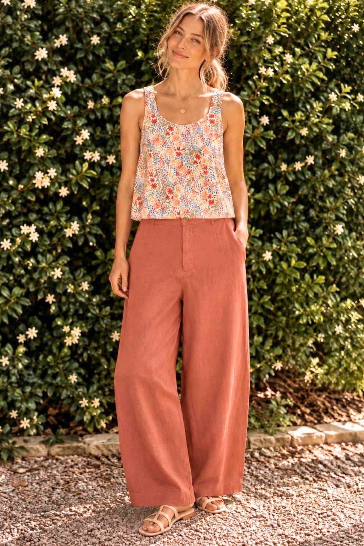 Little Lies Margot Cami in floral print, outdoor full-length view styled with rust wide-leg linen pants