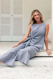 Label of Love Tie Front Check Top and Wide Leg Check Pant in Navy worn as a set, seated on a step