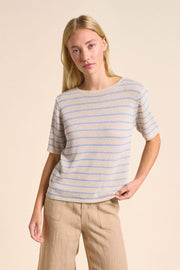 Indi Tee by Little Lies in Natural/Blue — three-quarter view of natural and blue stripe short-sleeve knit tee with crew neck, styled with tan wide-leg pants, available in Australia at Kat and Ko Clothing