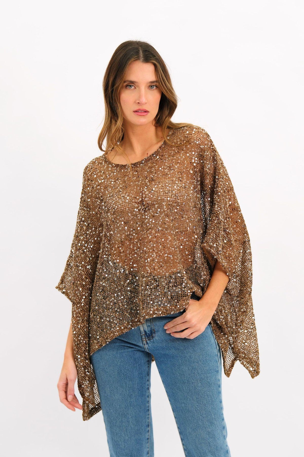 Golden Hour Sequin Top in Coffee by Worthier — front view of oversized all-over sequin poncho top in warm bronze, styled with blue denim jeans, shop in Australia at Kat and Ko Clothing