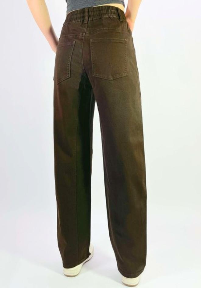 Country Denim Orlando Barrel Jeans Chocolate — back view showing chocolate brown wide-leg barrel jeans with elasticated waistband and patch back pockets, shop in Australia at Kat and Ko Clothing