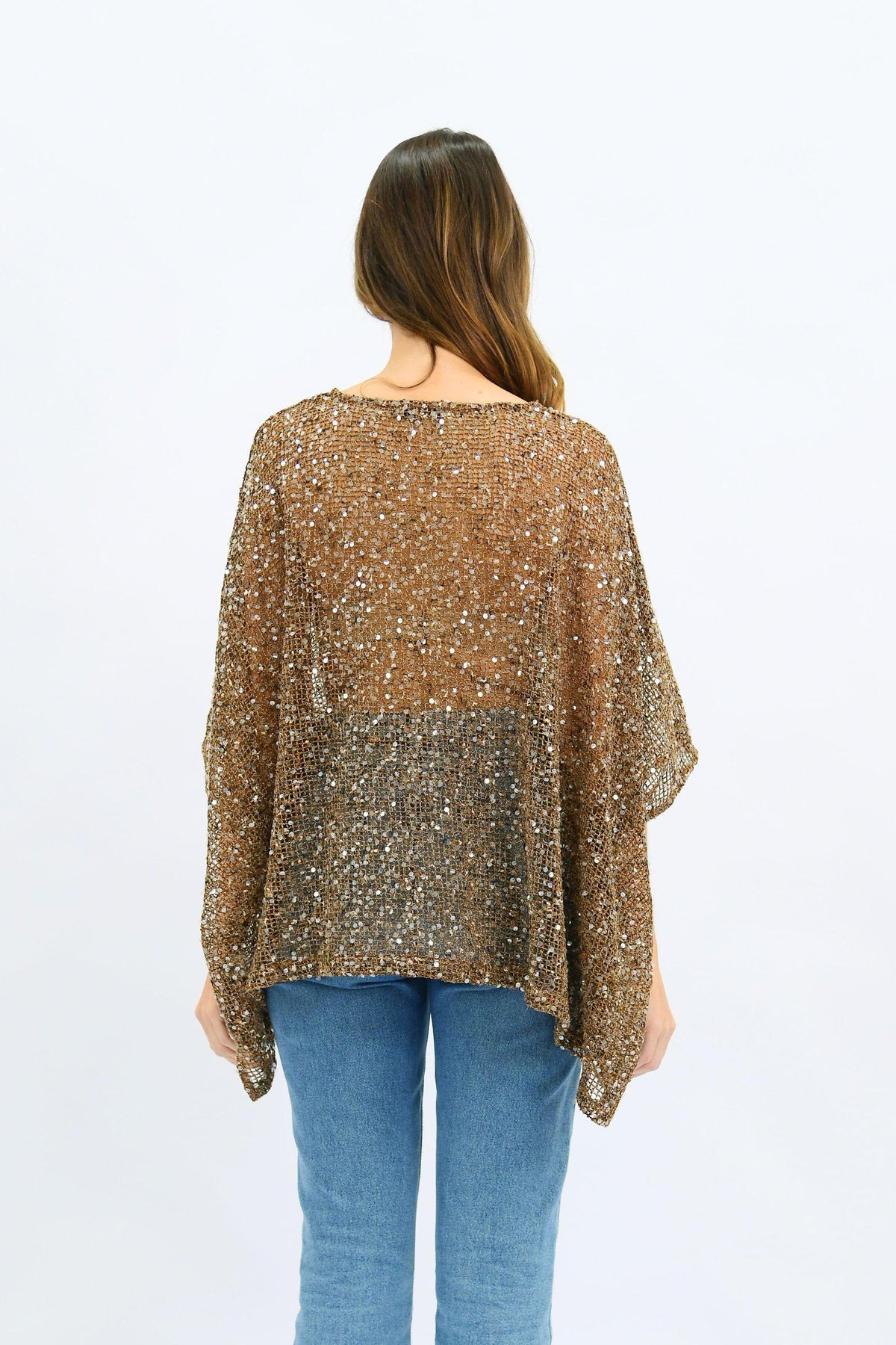Golden Hour Sequin Top by Worthier — back view of the coffee bronze sequin oversized poncho top showing the wide batwing shape and sheer mesh construction, available in Australia at Kat and Ko Clothing