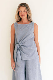 Label of Love Tie Front Check Top in Navy front close-up showing the tie front and sleeveless cut