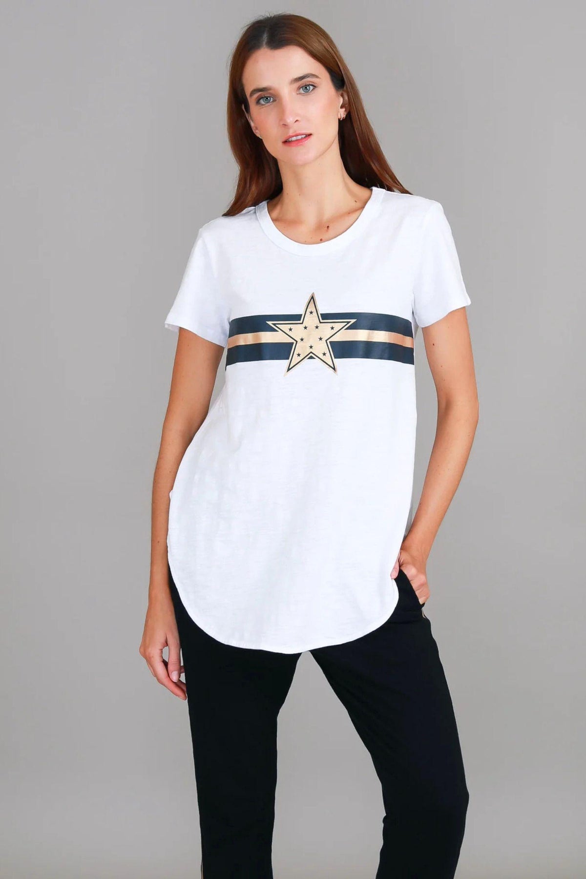Jill Gold Star White T-Shirt 3rd Story The Label — half-body front close-up of the gold star and navy stripe graphic print on the white longline cotton tee with scoop neckline, shop in Australia at Kat and Ko Clothing