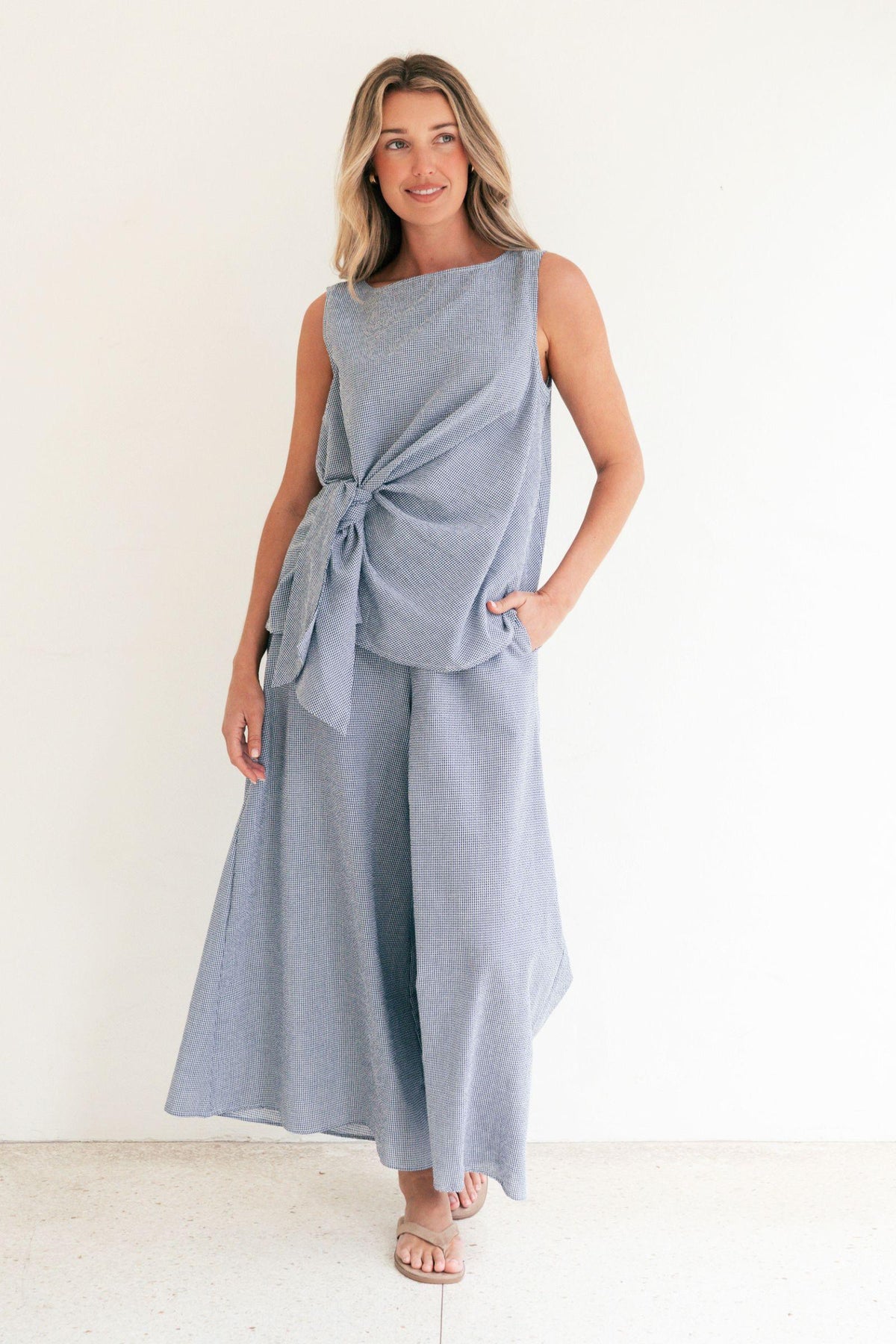 Label of Love Tie Front Check Top and Wide Leg Check Pant in Navy matching set, full-length front view