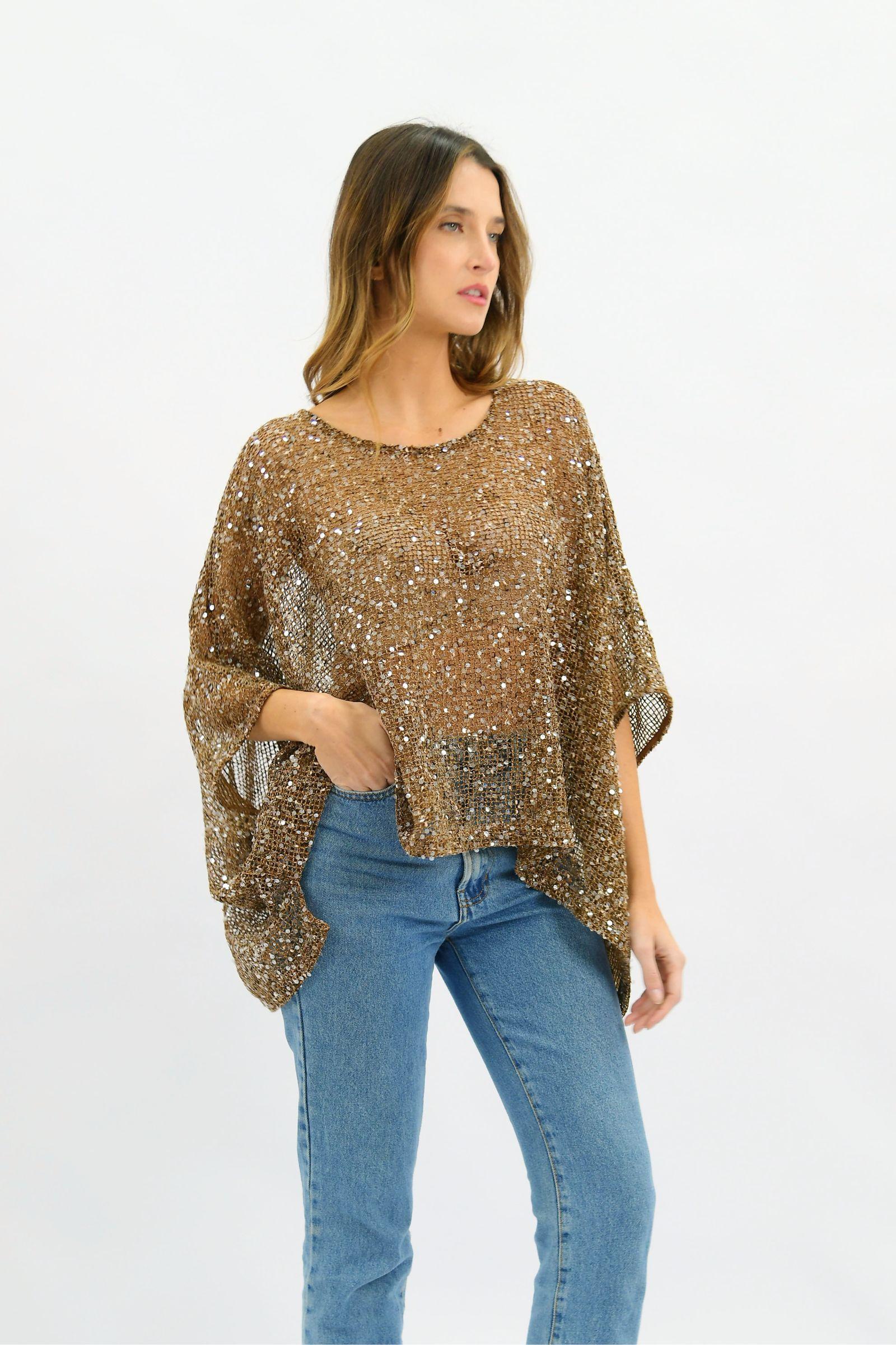Worthier Golden Hour Sequin Top Coffee — angled full-length front view of bronze sequin oversized poncho with batwing sleeves and scoop neckline, styled with blue jeans, available in Australia at Kat and Ko Clothing