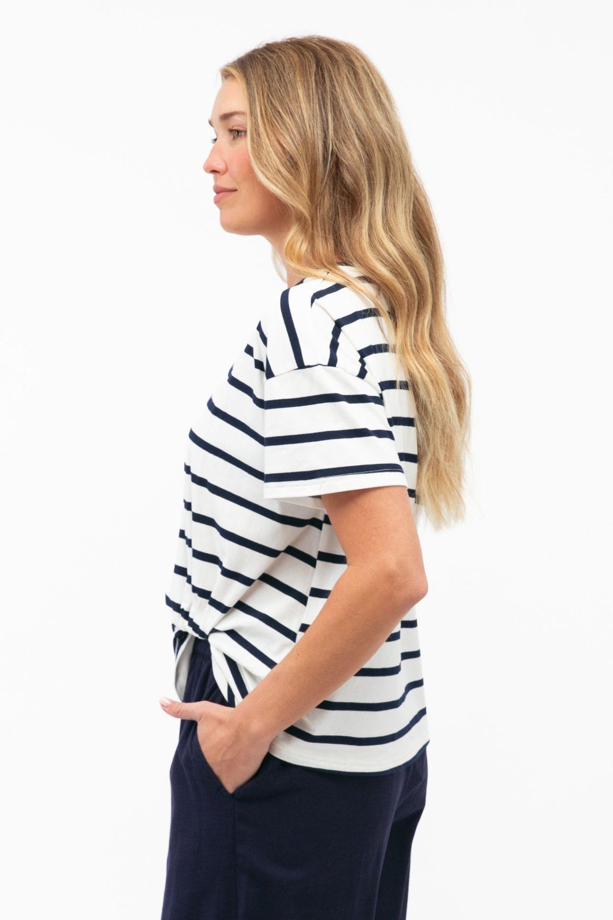 Easy Tuck Tee Label of Love — side view of the relaxed navy and white striped tee with its front hem detail, available in Australia at Kat and Ko Clothing