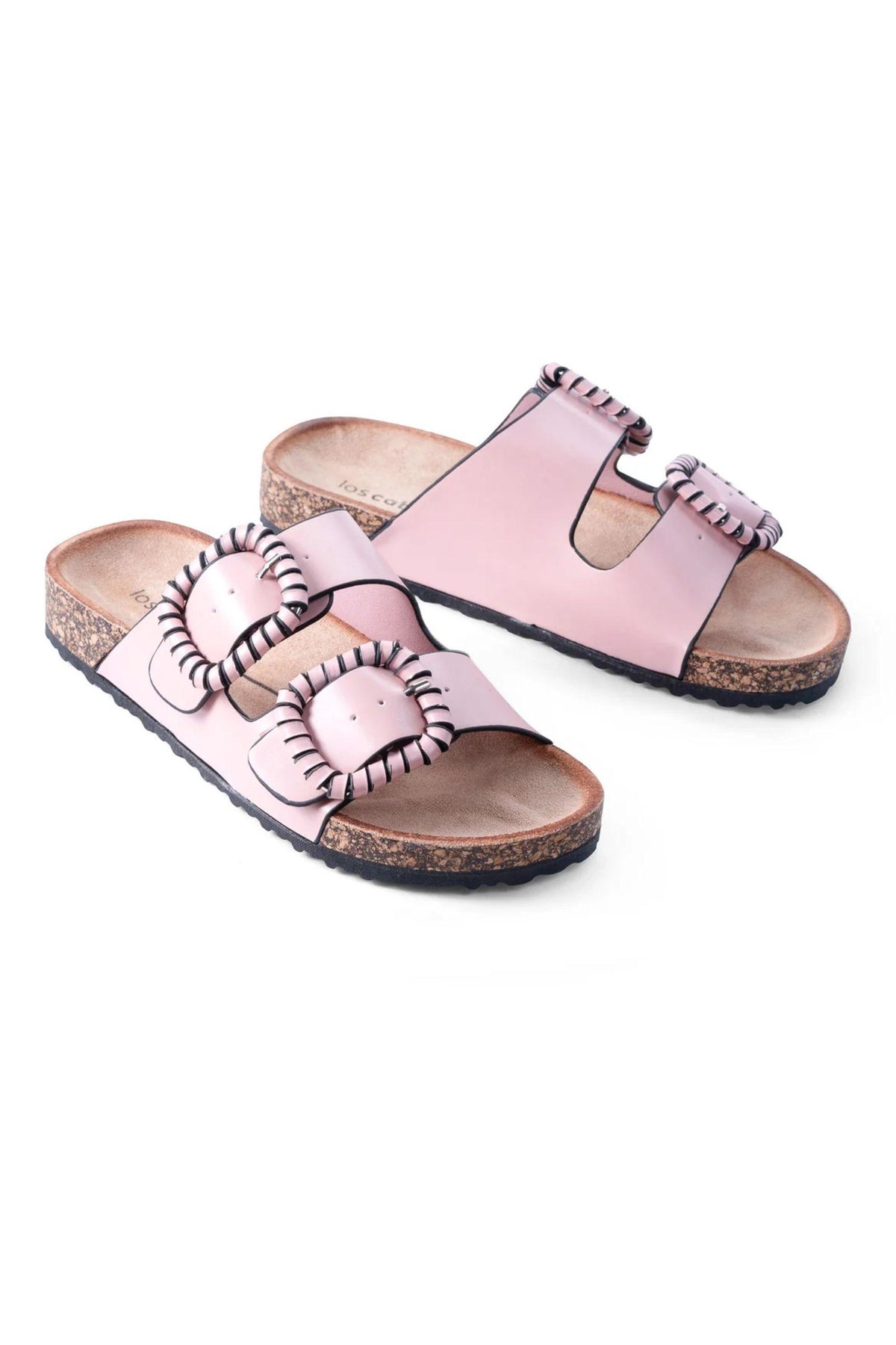 Jirona Slide in Pink by Los Cabos — three-quarter view of the pair, showing the double buckle straps and cork footbed