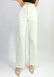 Tamara Jean in Warm White by Country Denim — front view of warm white high-waisted straight leg jeans with zip fly and side pockets, styled with nude pointed heels, available in Australia at Kat and Ko Clothing