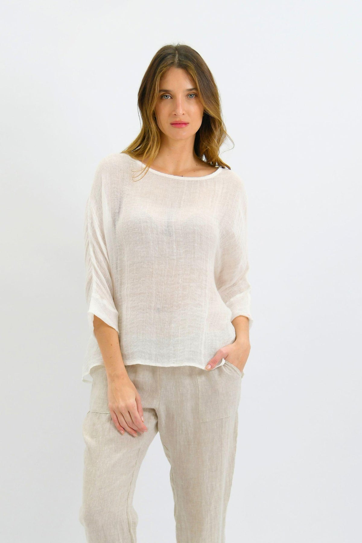 Nola Italian Linen Top - White, Worthier — front view of the relaxed white linen top, styled with light trousers in Australia at Kat and Ko Clothing.