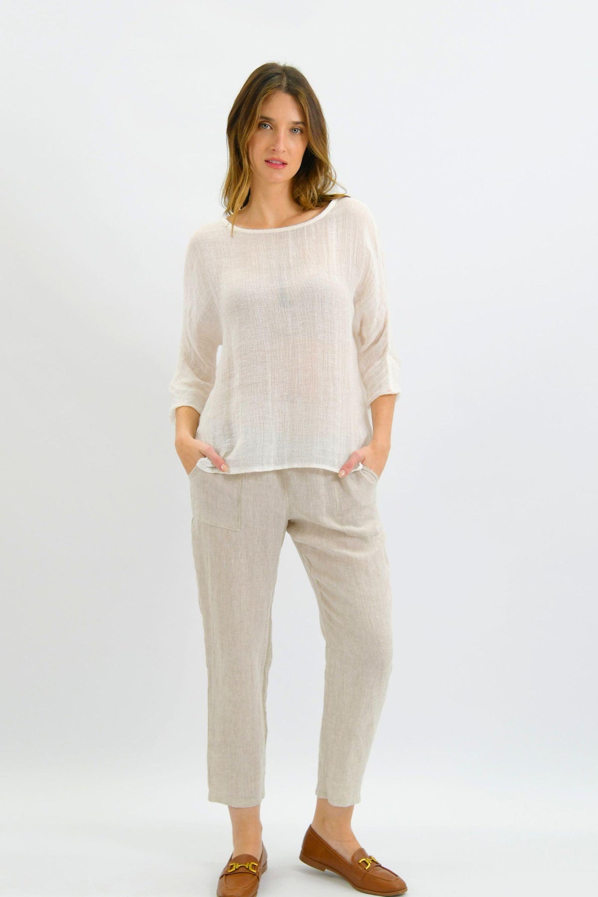Worthier Nola Italian Linen Top - White — full-length front view of the white top, styled with light trousers and flat shoes in Australia at Kat and Ko Clothing.