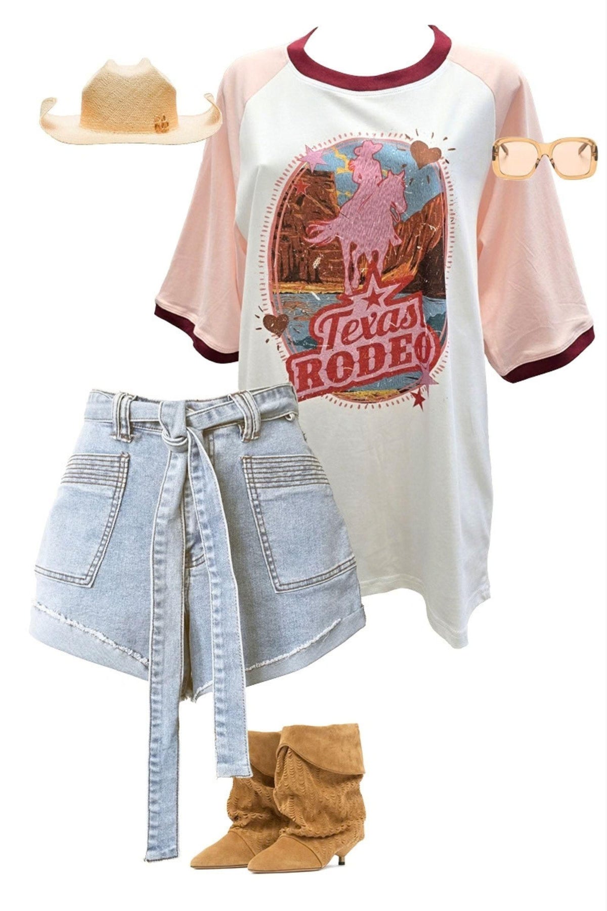 Coco Cartel Texas Rodeo Tee — white Texas rodeo graphic tee with pink sleeve trim, laid out with light denim shorts and boots, available in Australia at Kat and Ko Clothing