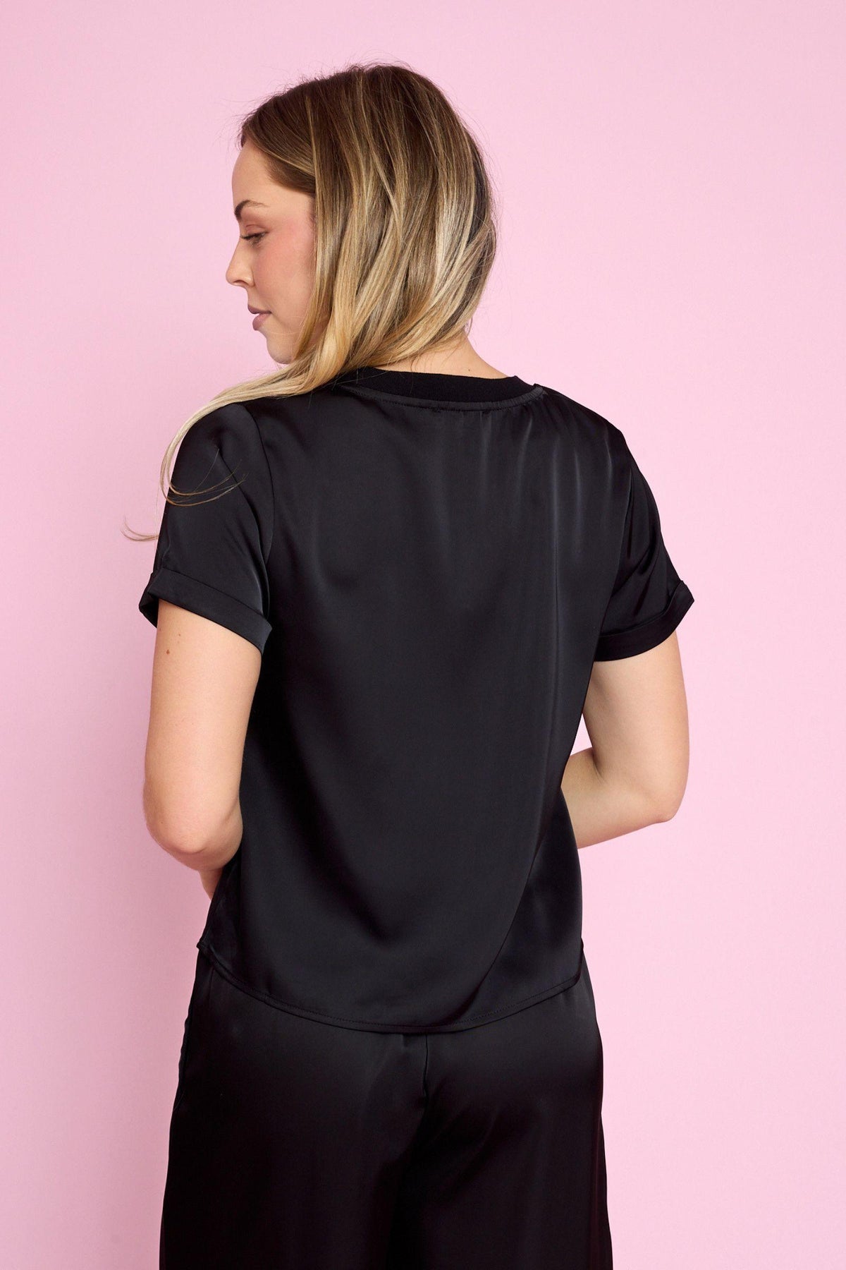 Fria The Label Greta Satin Tee in Black back view