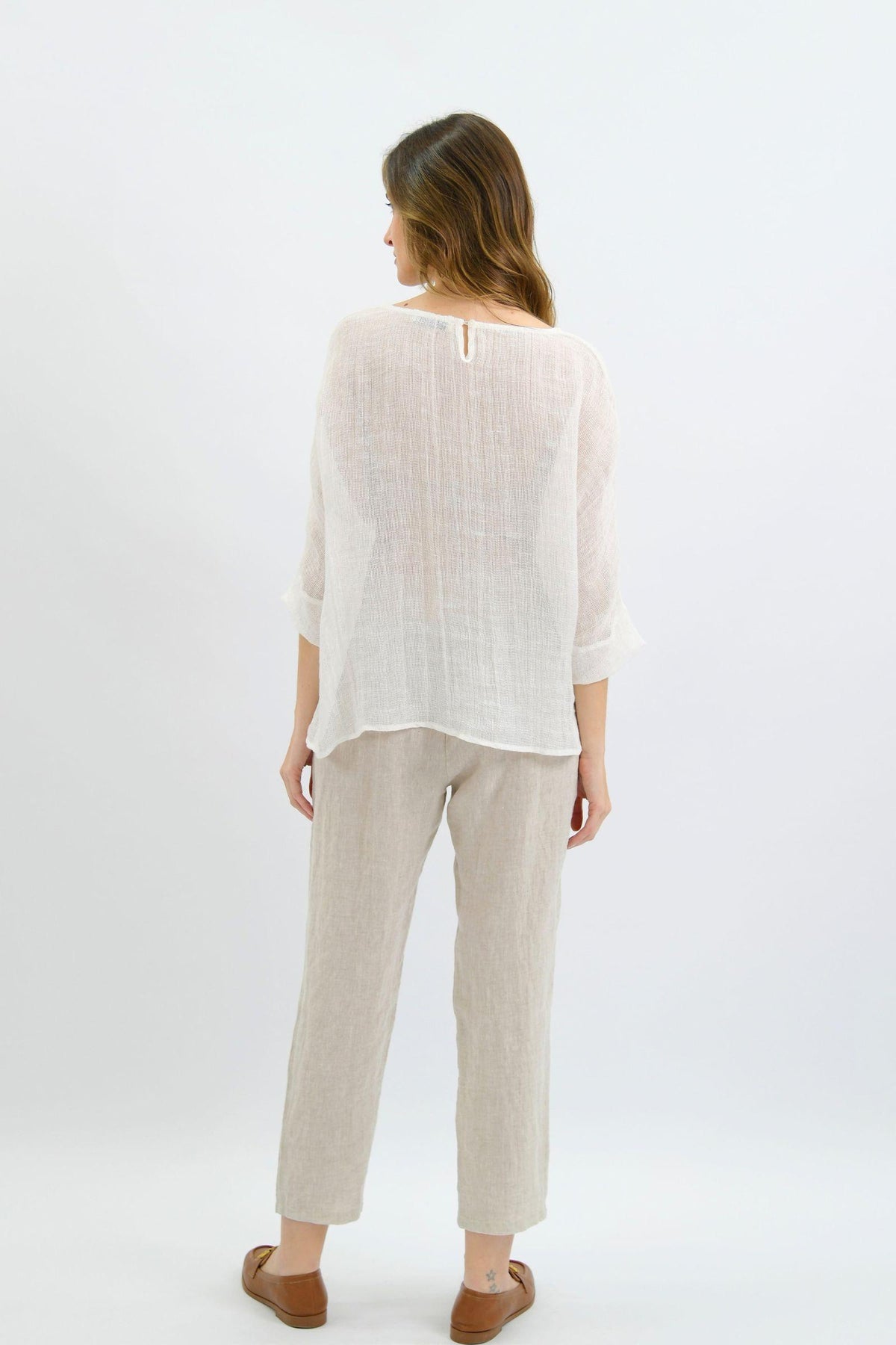 Nola Italian Linen Top - White, Worthier — full-length back view of the relaxed white top, styled with light trousers in Australia at Kat and Ko Clothing.