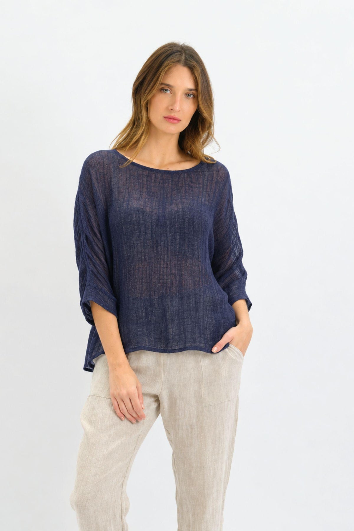 Nola Italian Linen Top - Navy