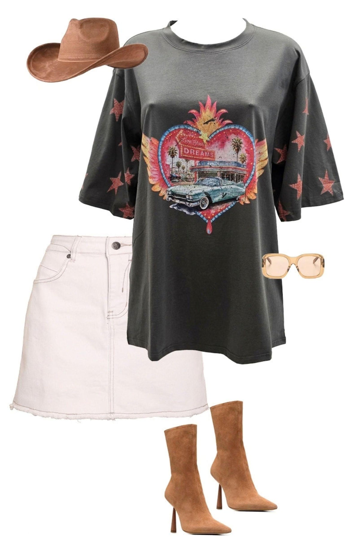Coco Cartel Live Your Dreams Tee — charcoal graphic tee with pink details displayed with a white skirt, hat and boots, available in Australia at Kat and Ko Clothing