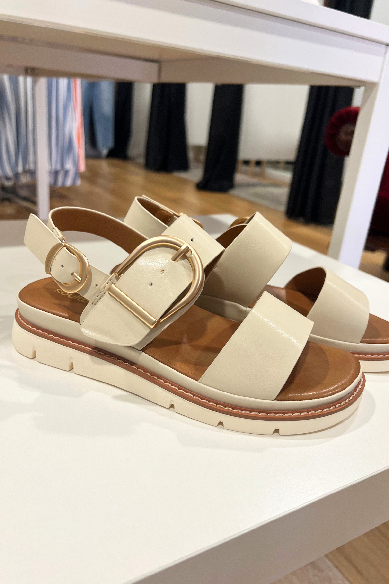 Soultbush Garie Sandal Bone — side profile of slip-on sandal silhouette in warm bone colourway, available in Australia at Kat and Ko Clothing