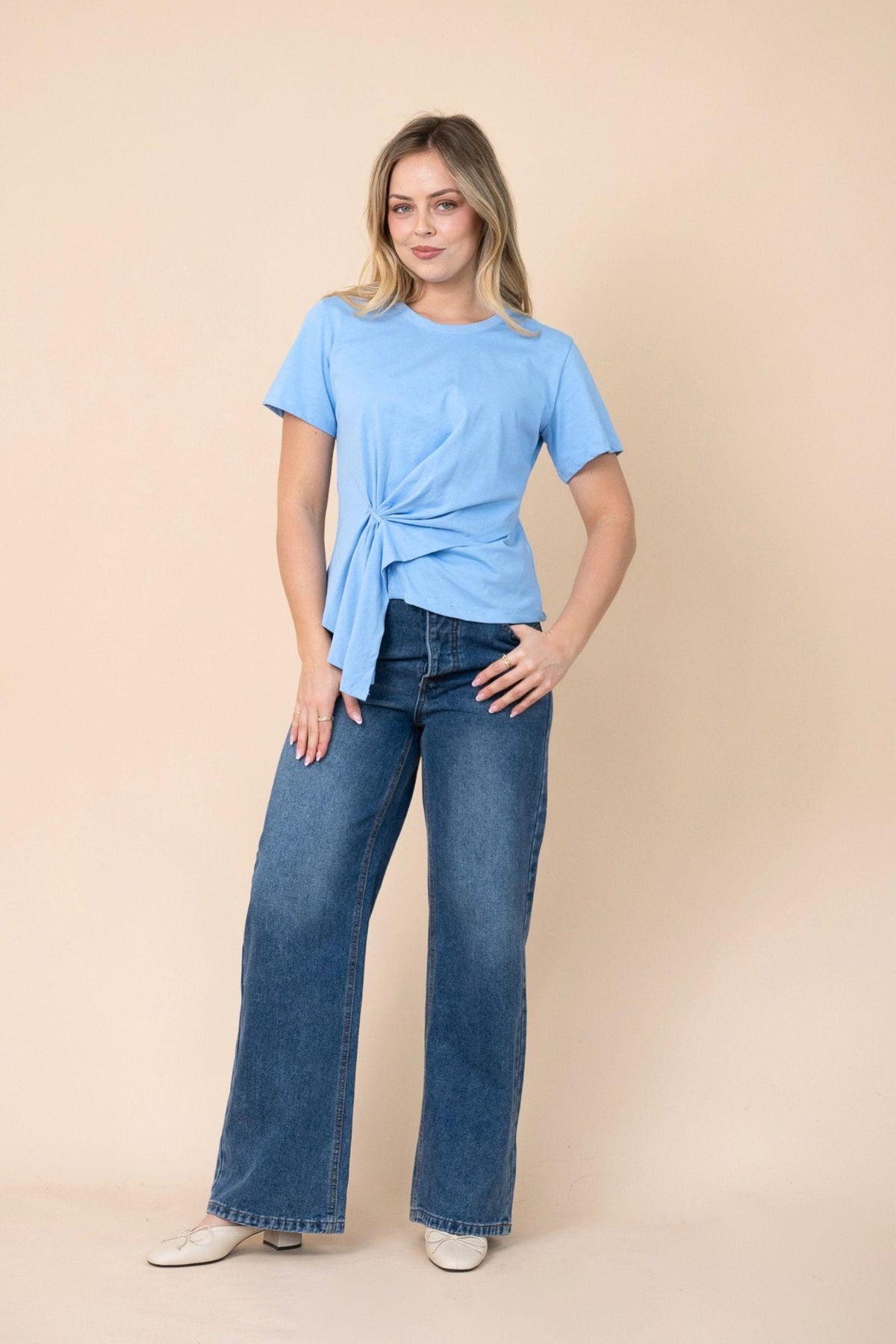 Ellery Tee Fria The Label — elevated everyday cornflower blue tee with a flattering asymmetrical hem, product view, shop in Australia at Kat and Ko Clothing