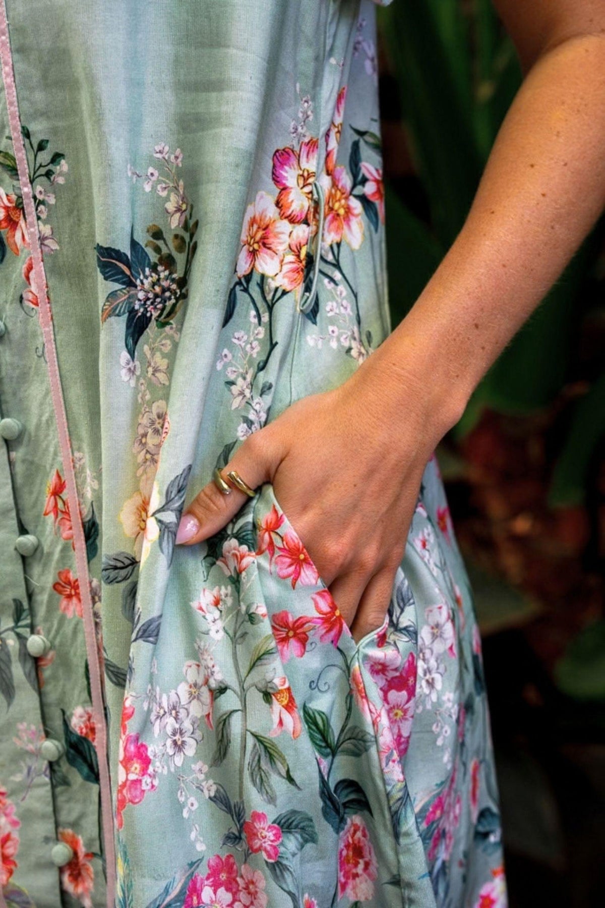 Sanders Dress Boho Australia — close-up of the sage floral dress showing the side-seam pocket, piping trim and rayon-linen fabric, available in Australia at Kat and Ko Clothing