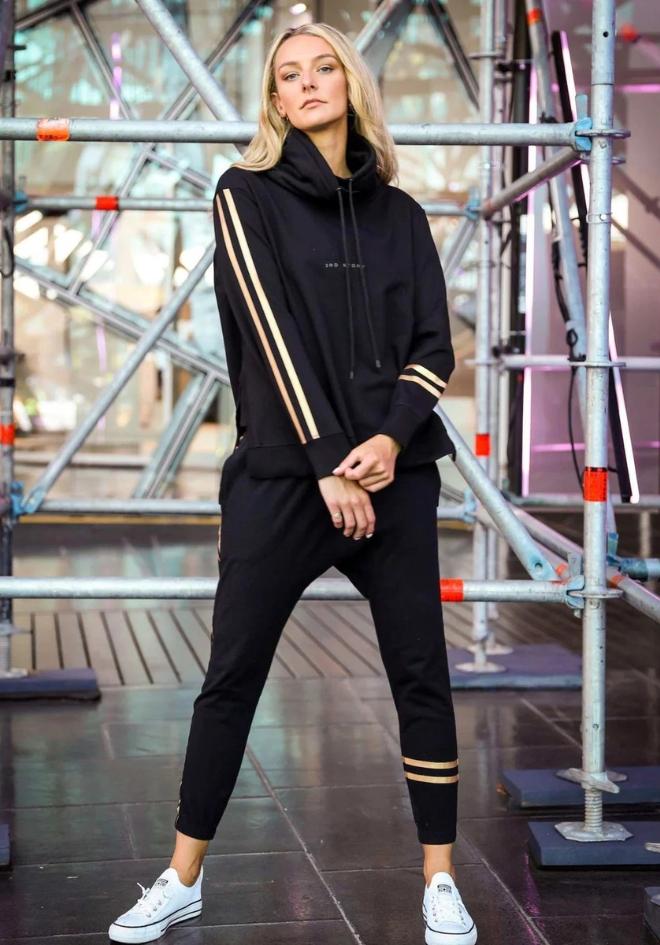 Darcy Golden Stripe Funnel Neck Sweater - Black